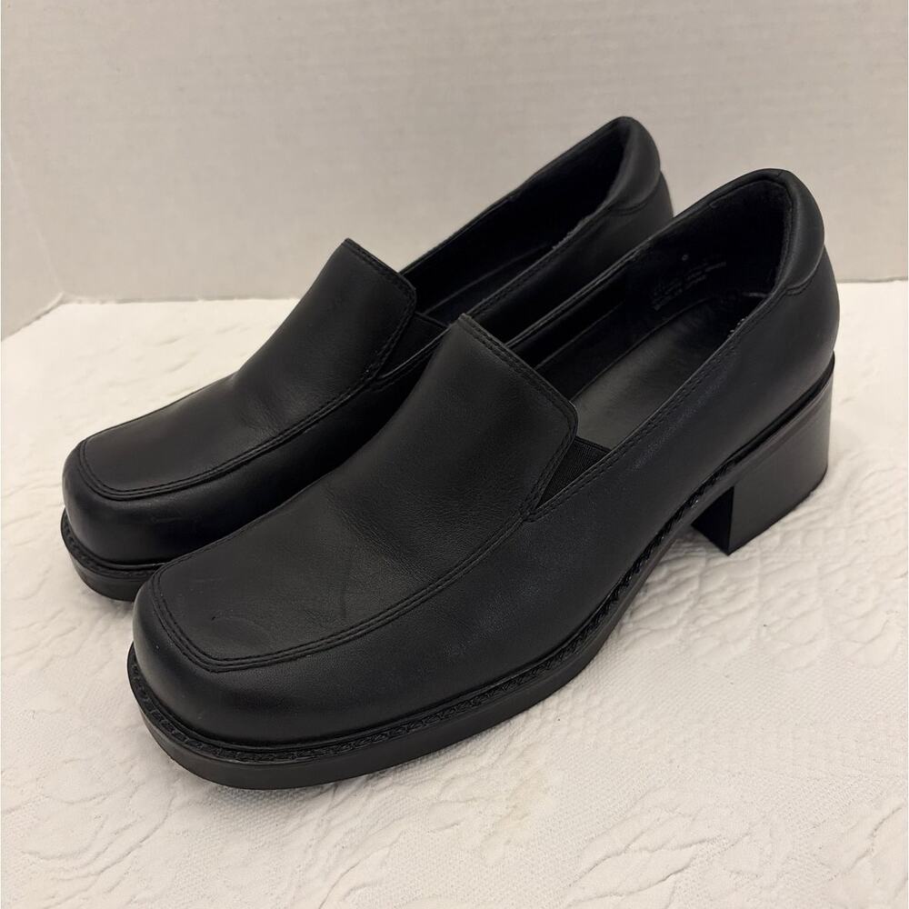 Women's Black Leather Slip On Loafers Block Heel Work Career Comfort Shoes 10M
